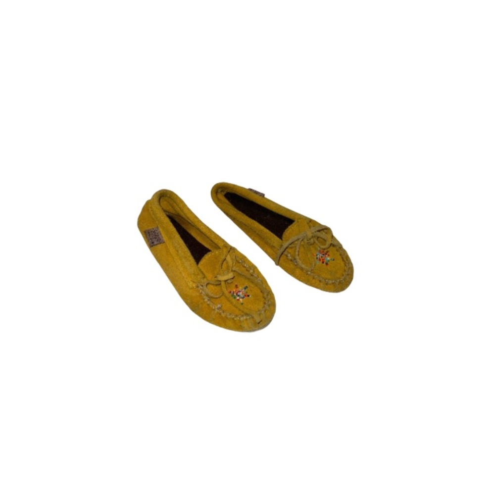 Laurentian Chief Vintage Tan Suede Moccasins with Beadwork - Girl’s Size 13